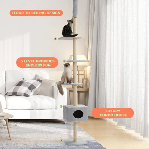 Domestic Delivery Height 238-274cm Cat Tree Condo Scratching Post Floor to Ceiling Adjustable Cat Scratcher Protecting Furniture