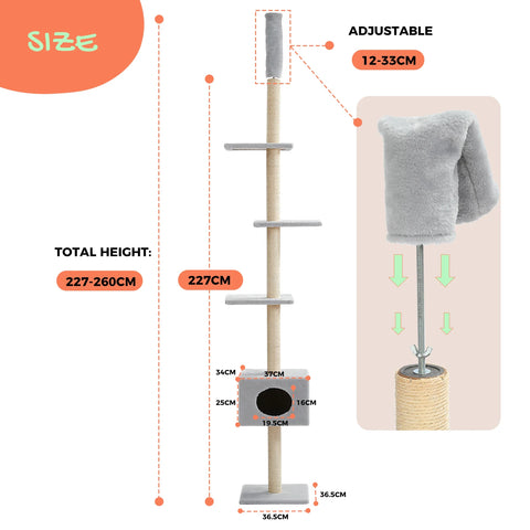 Domestic Delivery Height 238-274cm Cat Tree Condo Scratching Post Floor to Ceiling Adjustable Cat Scratcher Protecting Furniture