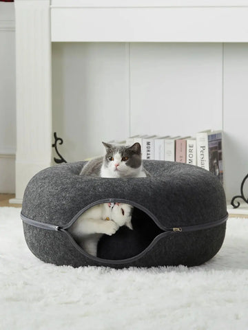 24 Inch Large Donut Cat Bed - Spacious Peekaboo Cat Cave for Multiple Cats Up to 30 Lbs, Detachable and Washable Wool Felt Tunne