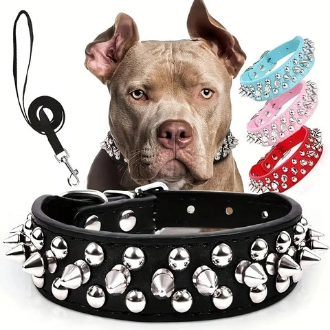 Spiked Dog Collar And Leash Set, Rivet Leather Dog Collar Adjustable Dog Collar For Outdoor Walking