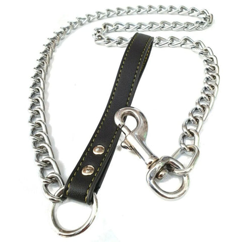 Metal Chain Dog Lead With Leather Style Handle Strong Control Leash Iron Dog Pets Supplies Collars Harnesses