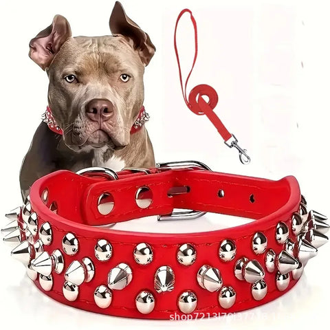 Spiked Dog Collar And Leash Set, Rivet Leather Dog Collar Adjustable Dog Collar For Outdoor Walking