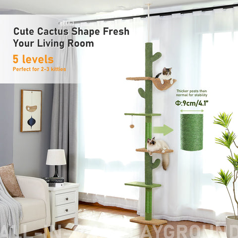 Adjustable 239-275cm Height Cactus Cat Tree Scratching Post Cat Scratcher Tall Cat Climbing Tree Kittens Jumping Frames Cat Toy