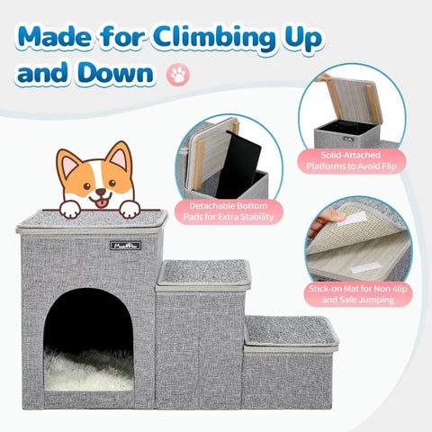 Cat Stairs for Bed, Pet Steps Puppy Dog Ladder for Old Cats, Doggie Step Stool for Small Dogs with Storage, Dog Ramps