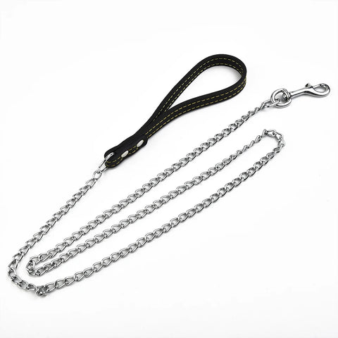 Metal Chain Dog Lead With Leather Style Handle Strong Control Leash Iron Dog Pets Supplies Collars Harnesses