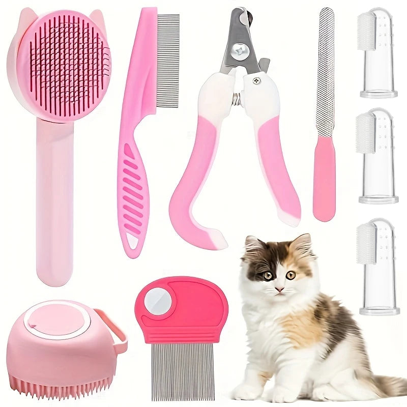 8Pcs Cat Brush Beauty Kit with Pet Nail Clippers and Files Pet Self-Cleaning Kit Flea Comb Pet Shampoo Bath Brush Pet Sheddin