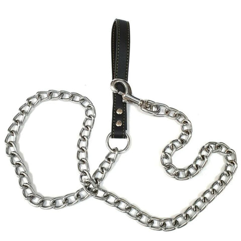 Metal Chain Dog Lead With Leather Style Handle Strong Control Leash Iron Dog Pets Supplies Collars Harnesses