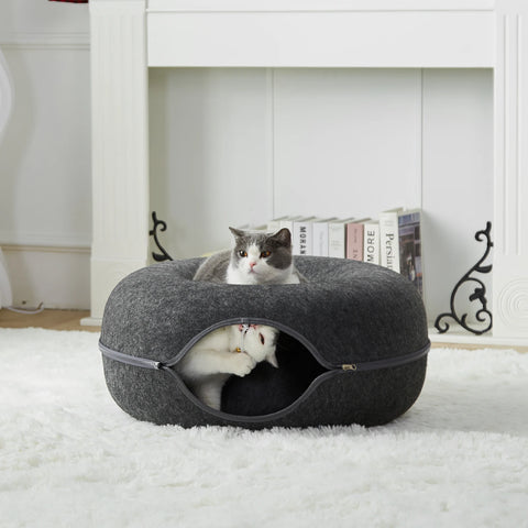 24 Inch Large Donut Cat Bed - Spacious Peekaboo Cat Cave for Multiple Cats Up to 30 Lbs, Detachable and Washable Wool Felt Tunne