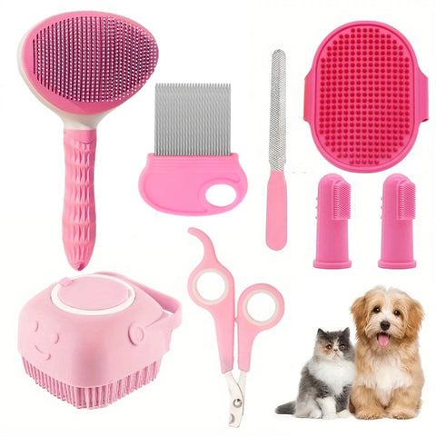 8pcs Cat Grooming Kit With Self-Cleaning Slicker Brush, Nail Clippers, Comb & Dental Care -  Cat Brush For Shedding And Grooming