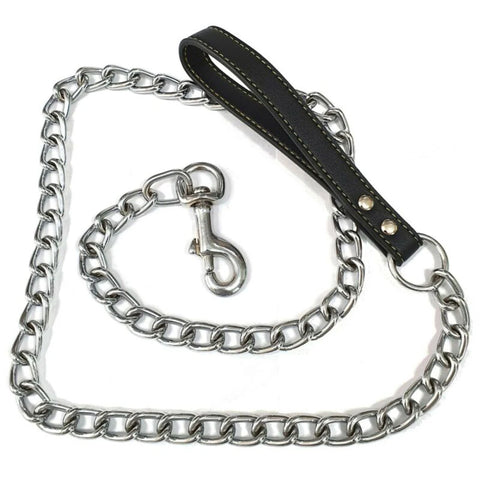 Metal Chain Dog Lead With Leather Style Handle Strong Control Leash Iron Dog Pets Supplies Collars Harnesses