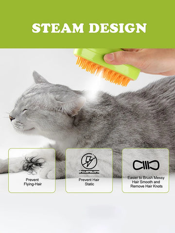 Cat Steam Brush, 3-In-1 Cat Steam Brush, Silicone Massage Beauty Brush, Cat And Dog Pet Hair Cleaning Brush Comb,Mango Shape