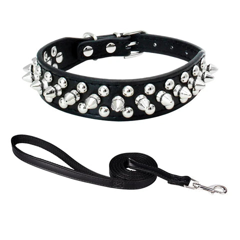 Spiked Dog Collar And Leash Set, Rivet Leather Dog Collar Adjustable Dog Collar For Outdoor Walking