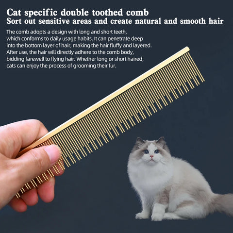 Cat comb with floating hair, open knots, cloth doll, long hair, cat comb size L, long short needle, double toothed comb, copper