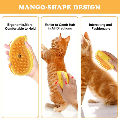 Cat Steam Brush, 3-In-1 Cat Steam Brush, Silicone Massage Beauty Brush, Cat And Dog Pet Hair Cleaning Brush Comb,Mango Shape