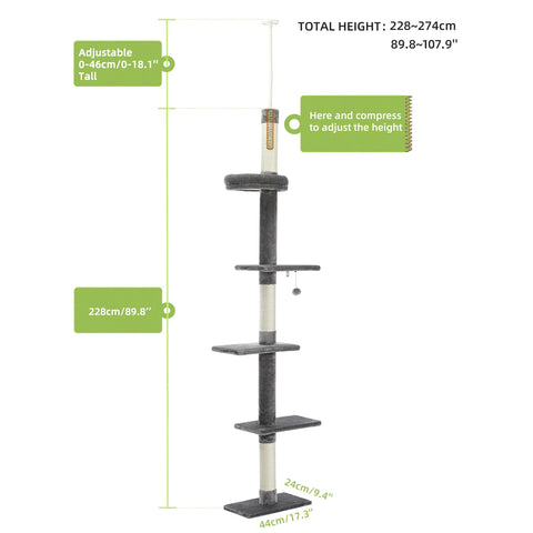 Domestic Delivery Height 238-274cm Cat Tree Condo Scratching Post Floor to Ceiling Adjustable Cat Scratcher Protecting Furniture