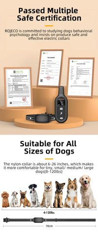 ROJECO Electric Dog Training Collar Digital Rechargeable Remote Control IPX7 Waterproof Vibrator Pet Dog Bark Stop Shock Collar