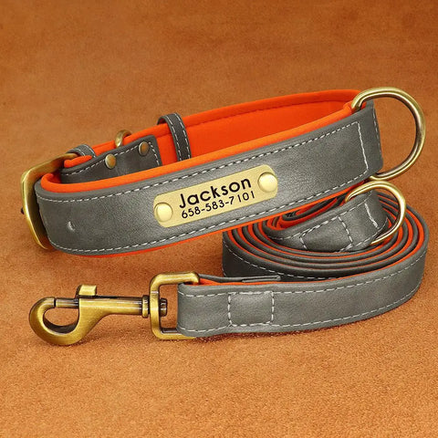 Customized Leather Dog Collar Leash Set Soft Padded Leather Collar For Small Medium Large Dogs With Free Engraved Nameplate