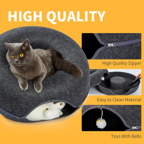 24 Inch Large Donut Cat Bed - Spacious Peekaboo Cat Cave for Multiple Cats Up to 30 Lbs, Detachable and Washable Wool Felt Tunne