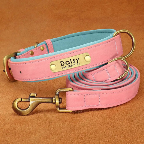 Customized Leather Dog Collar Leash Set Soft Padded Leather Collar For Small Medium Large Dogs With Free Engraved Nameplate