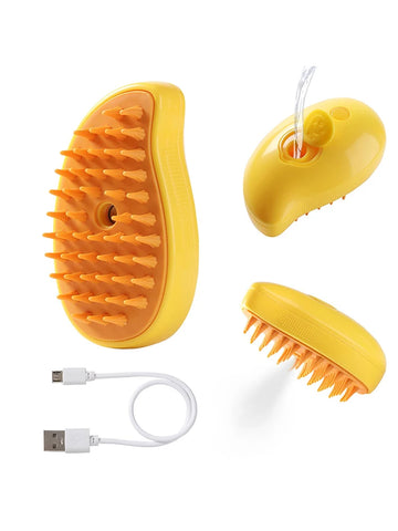 Cat Steam Brush, 3-In-1 Cat Steam Brush, Silicone Massage Beauty Brush, Cat And Dog Pet Hair Cleaning Brush Comb,Mango Shape