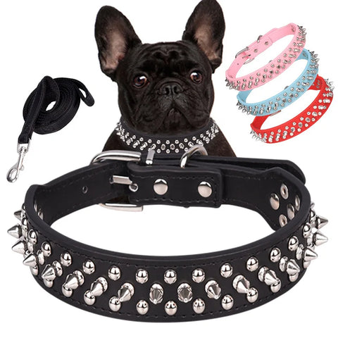 Spiked Dog Collar And Leash Set, Rivet Leather Dog Collar Adjustable Dog Collar For Outdoor Walking