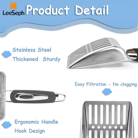 Leeseph Cat Litter Scoop, Stainless Steel Sifter, Kitty Metal Scooper, Deep Shovel, Long Handle, Poop Sifting, for Litter Box