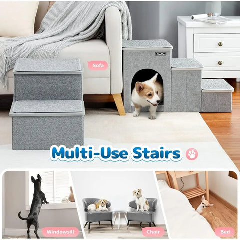 Cat Stairs for Bed, Pet Steps Puppy Dog Ladder for Old Cats, Doggie Step Stool for Small Dogs with Storage, Dog Ramps