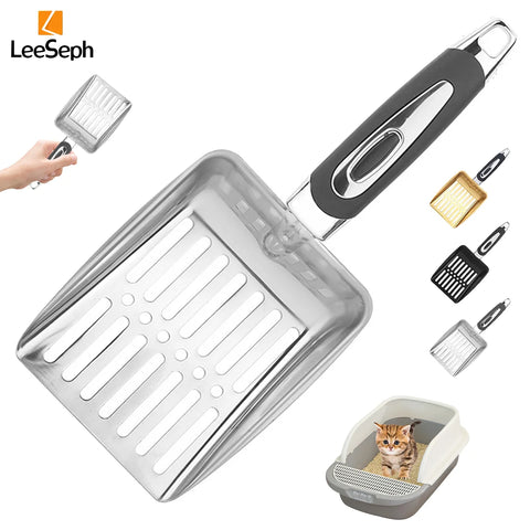 Leeseph Cat Litter Scoop, Stainless Steel Sifter, Kitty Metal Scooper, Deep Shovel, Long Handle, Poop Sifting, for Litter Box