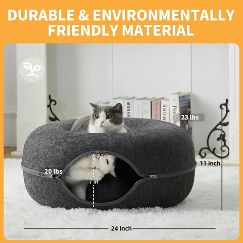 24 Inch Large Donut Cat Bed - Spacious Peekaboo Cat Cave for Multiple Cats Up to 30 Lbs, Detachable and Washable Wool Felt Tunne