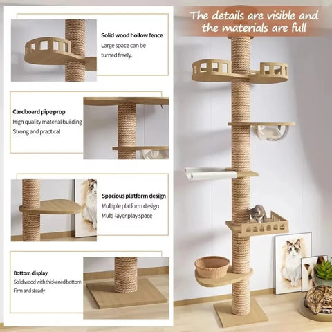 Cat Tree Floor To Ceiling For Large Cats Multifunction Tower Soft Flannel Hammock Sisal Bed Pet Supplies Wooden Cat Scratcher