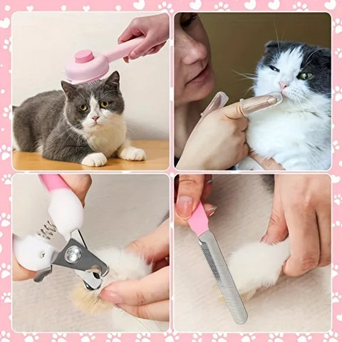 8Pcs Cat Brush Beauty Kit with Pet Nail Clippers and Files Pet Self-Cleaning Kit Flea Comb Pet Shampoo Bath Brush Pet Sheddin