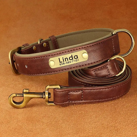 Customized Leather Dog Collar Leash Set Soft Padded Leather Collar For Small Medium Large Dogs With Free Engraved Nameplate