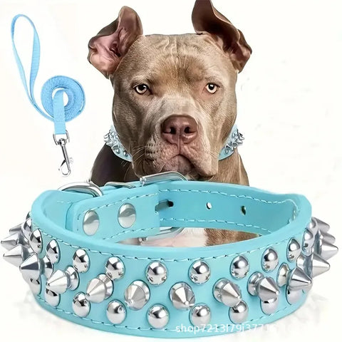 Spiked Dog Collar And Leash Set, Rivet Leather Dog Collar Adjustable Dog Collar For Outdoor Walking