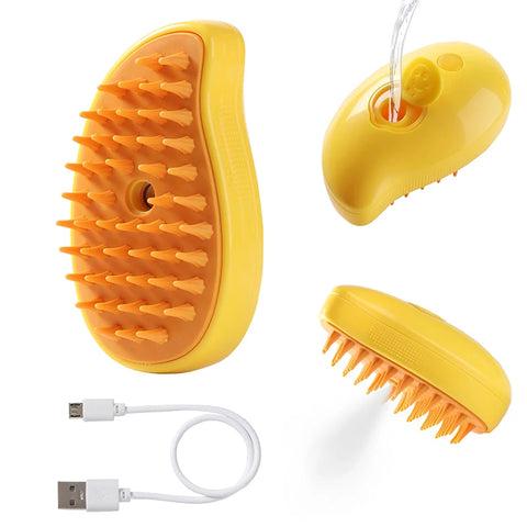 Cat Steam Brush, 3-In-1 Cat Steam Brush, Silicone Massage Beauty Brush, Cat And Dog Pet Hair Cleaning Brush Comb,Mango Shape